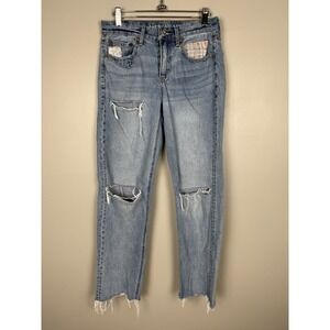 American Eagle 90's Straight Patchwork Jeans Distressed 4R Light Wash Boho Denim